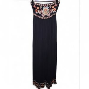 Xhilaration Black Strapless Dress with Floral Embroidery